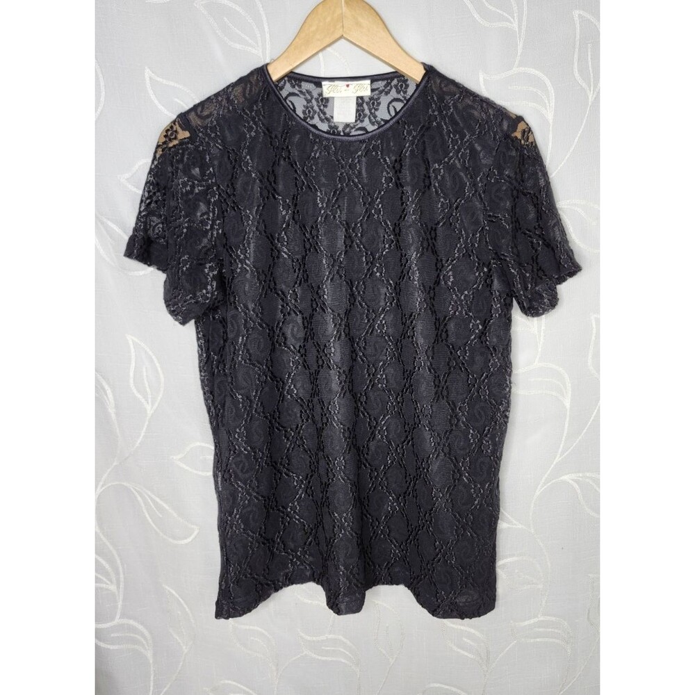 Vintage 80s Black Floral Lace Blouse Women's XL Whimsigoth Gothic Short Sleeve